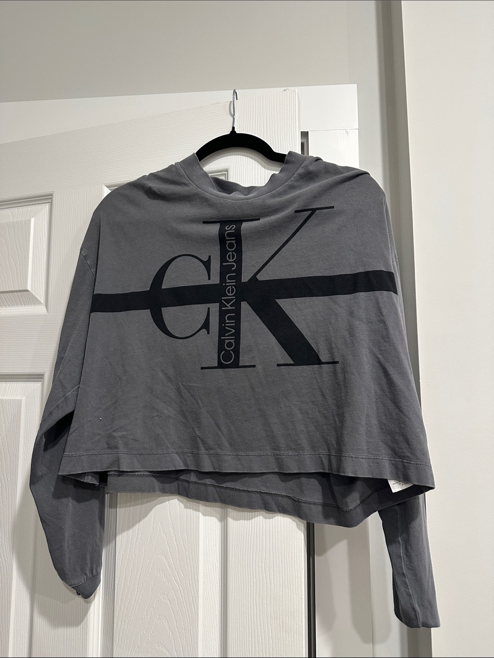 Calvin Klein Jeans Gray Cropped Crewneck Sweater with Black CK Logo